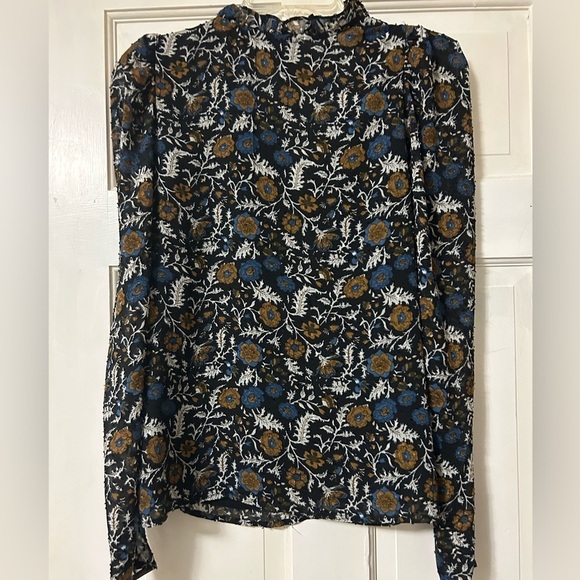Joie Swiss Dot Dark Floral Print Ruffled Split Tie Neck Blouse Lined Size Small - Picture 3 of 12